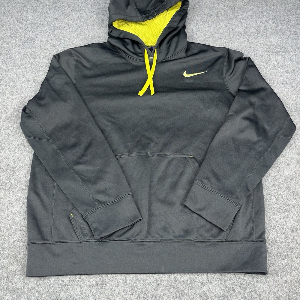 Nike Therma Fit Hoodie Mens Medium Gray Pullover Neon Yellow Swoosh Fleece Logo